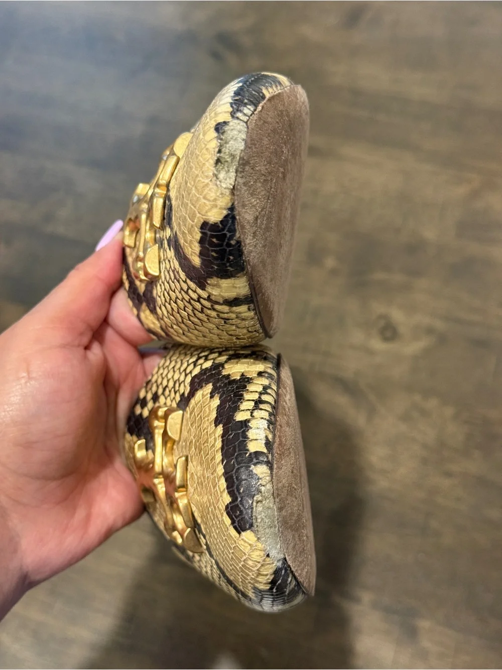 Tory Burch Snakeskin Print Gold Logo Leather Flats
